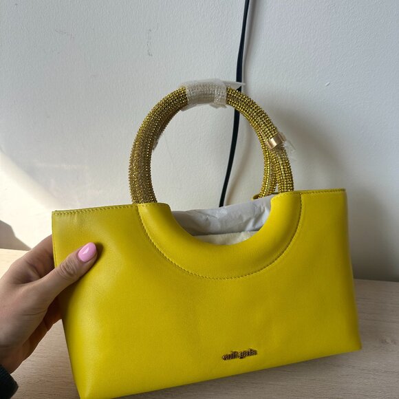 NWT Cult Gaia Nika Crystal Embellished Top Handle Bag In Yellow Leather - Picture 5 of 15